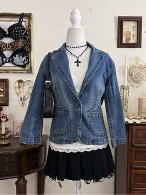 y2k preppy girly grunge denim jacket w pockets | size S